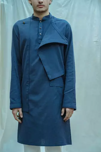 Cotton X Linen Overlap Kurta In Royal Blue Kurta And White Pants
