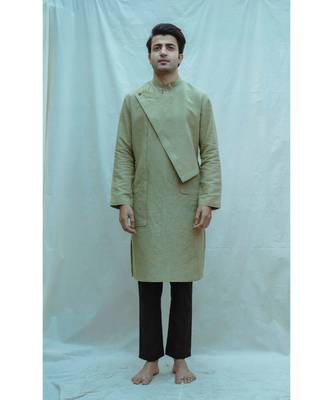 Cotton X Linen Overlap Nature Green Kurta And Black Pants 1