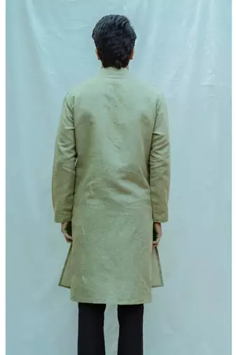 Cotton X Linen Overlap Nature Green Kurta And Black Pants