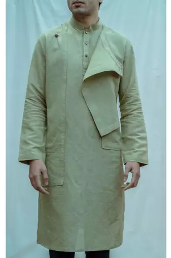 Cotton X Linen Overlap Nature Green Kurta And Black Pants
