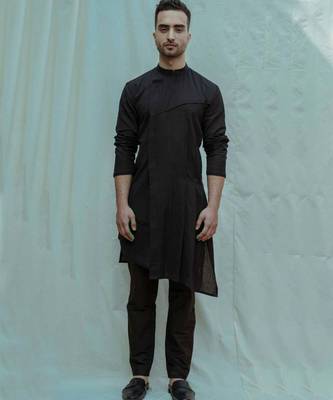 Cotton X Linen Asymmetry Pleated Black Kurta And Pants 1