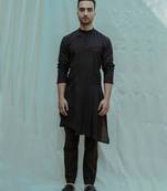 Cotton X Linen Asymmetry Pleated Black Kurta And Pants