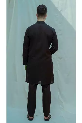 Cotton X Linen Asymmetry Pleated Black Kurta And Pants
