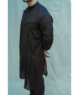 Cotton X Linen Asymmetry Pleated Black Kurta And Pants 3