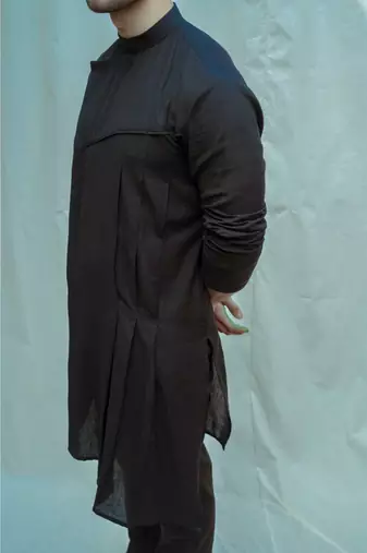 Cotton X Linen Asymmetry Pleated Black Kurta And Pants