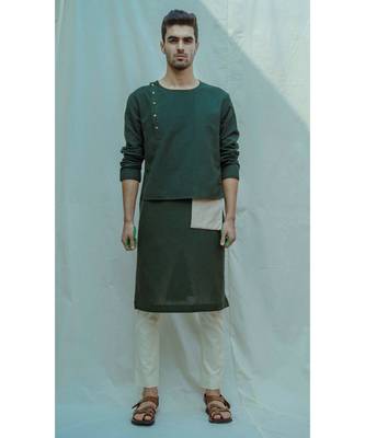 Cotton X Linen Surprise Panel Olive Green Kurta And Off White Pants 1