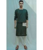 Cotton X Linen Surprise Panel Olive Green Kurta And Off White Pants