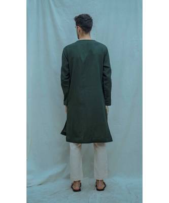 Cotton X Linen Surprise Panel Olive Green Kurta And Off White Pants 2