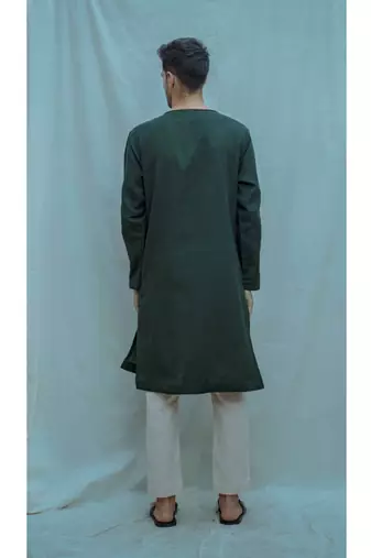 Cotton X Linen Surprise Panel Olive Green Kurta And Off White Pants