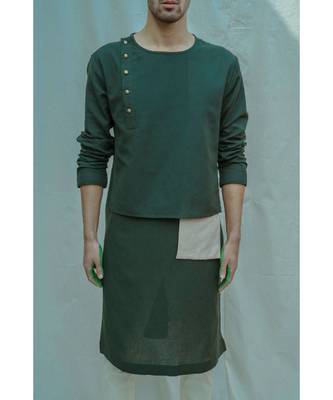 Cotton X Linen Surprise Panel Olive Green Kurta And Off White Pants 3