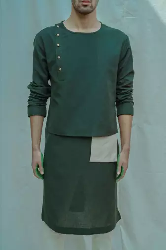 Cotton X Linen Surprise Panel Olive Green Kurta And Off White Pants