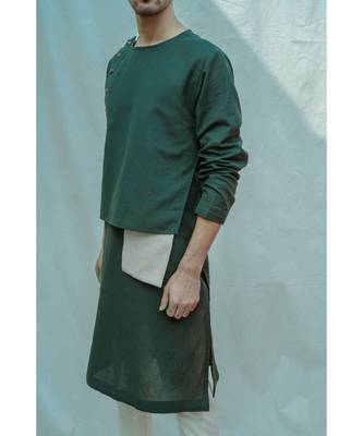 Cotton X Linen Surprise Panel Olive Green Kurta And Off White Pants 4