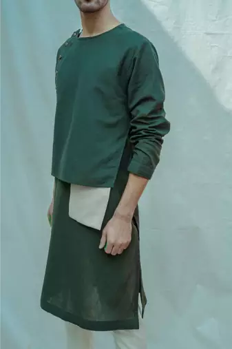 Cotton X Linen Surprise Panel Olive Green Kurta And Off White Pants