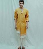 Asymmetry Flap Neck Mustard Kurta and Off white Pants