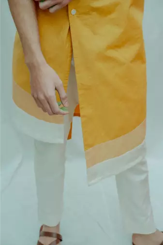Asymmetry Flap Neck Mustard Kurta and Off white Pants