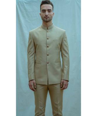 Beige Bandgala suit with white band collar shirt 1