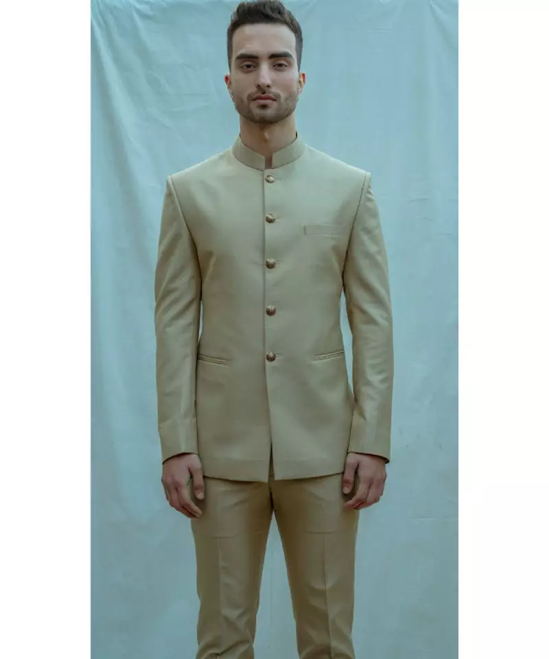 Beige texturd Bandgala suit with matching pants and off white band collar shirt