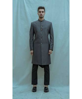 Dark Grey Achkan With Black Cowl Kurta And Black Pants 1