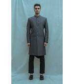 Dark Grey Achkan With Black Cowl Kurta And Black Pants