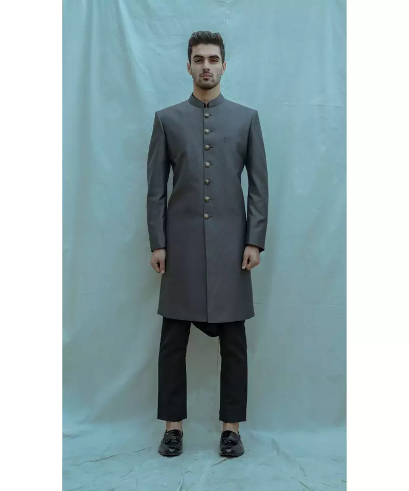 Dark Grey texturd  Achkan with black cowl kurta and Black pants