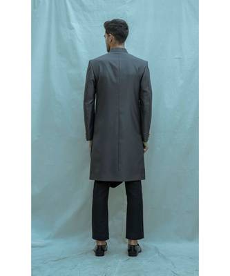 Dark Grey Achkan With Black Cowl Kurta And Black Pants 2