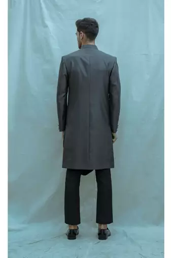 Dark Grey Achkan With Black Cowl Kurta And Black Pants