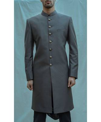Dark Grey Achkan With Black Cowl Kurta And Black Pants 3
