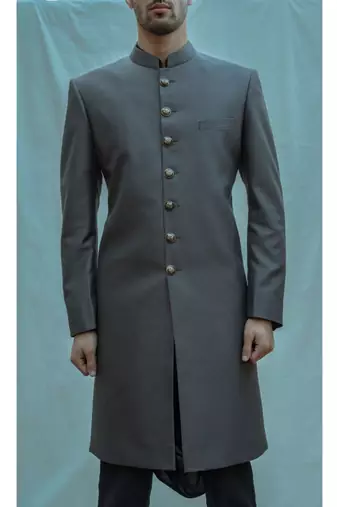 Dark Grey Achkan With Black Cowl Kurta And Black Pants