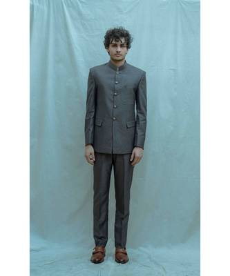 Dark Grey Bandgala Suit With Off White Band Collar Shirt 1