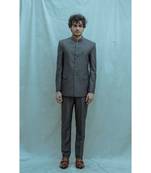 Dark Grey Bandgala Suit With Off White Band Collar Shirt