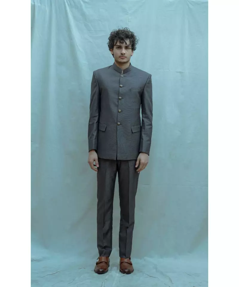 Dark Grey texturd Bandgala suit with matching pants and off white band collar shirt