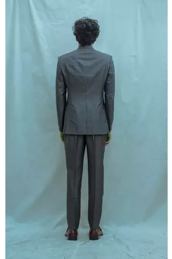 Dark Grey Bandgala Suit With Off White Band Collar Shirt