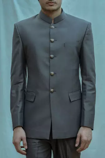 Dark Grey Bandgala Suit With Off White Band Collar Shirt