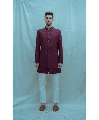 Wine Color Achkan With White Kurta And White Pants 1