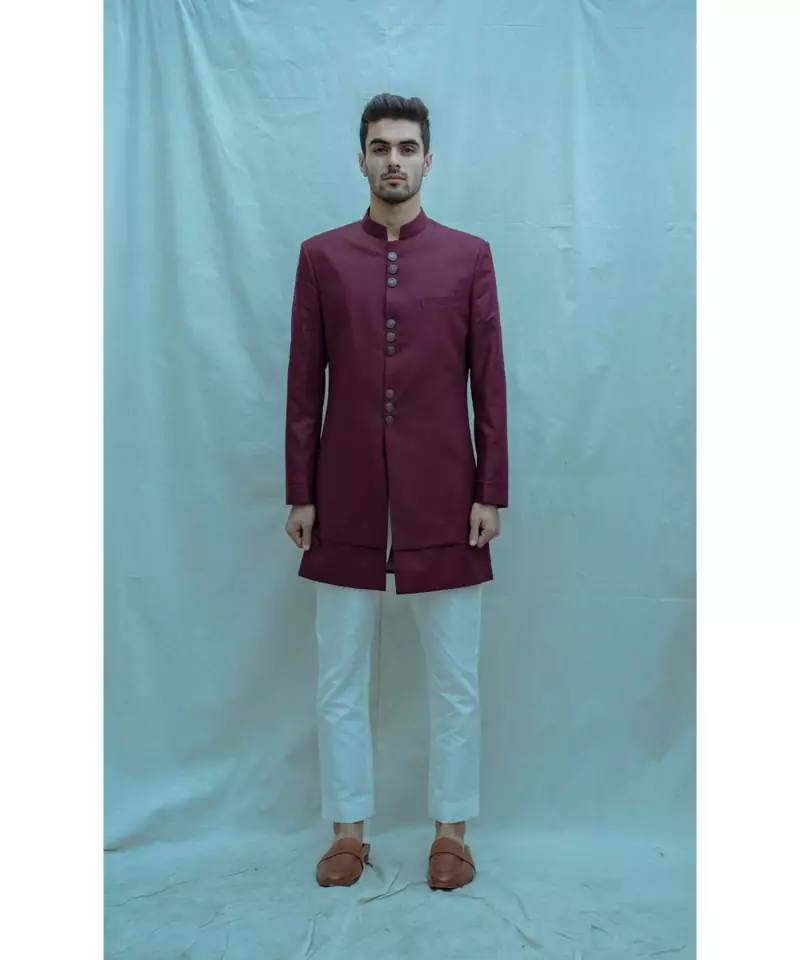 Wine color  Achkan with White kurta and white pants