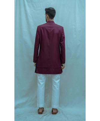 Wine Color Achkan With White Kurta And White Pants 2