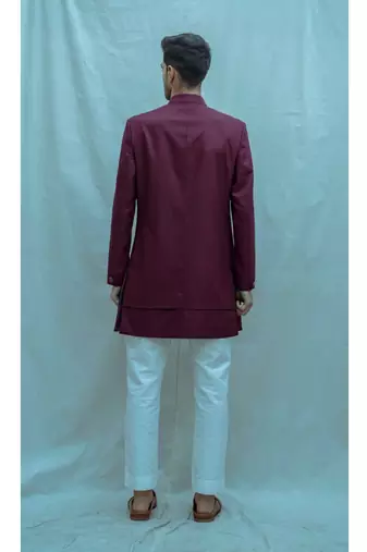 Wine Color Achkan With White Kurta And White Pants