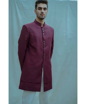 Wine Color Achkan With White Kurta And White Pants 3