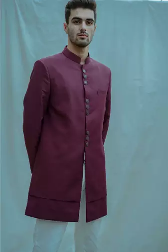 Wine Color Achkan With White Kurta And White Pants
