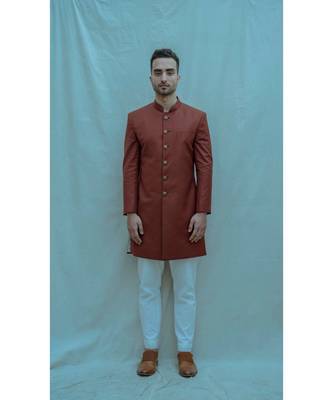 Rust Color  Achkan With White Kurta And White Pants 1