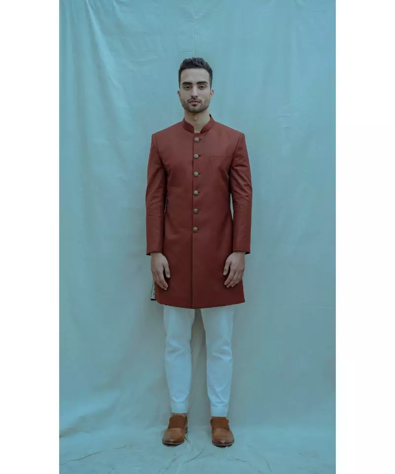 Rust color  Achkan with White kurta and white pants