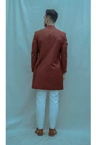 Rust Color  Achkan With White Kurta And White Pants