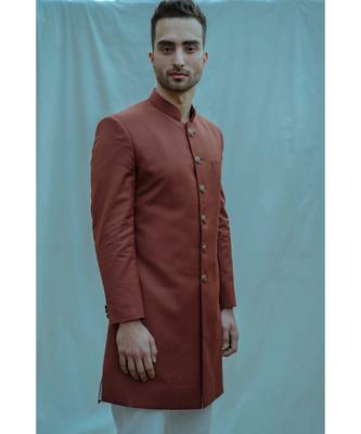 Rust Color  Achkan With White Kurta And White Pants 3