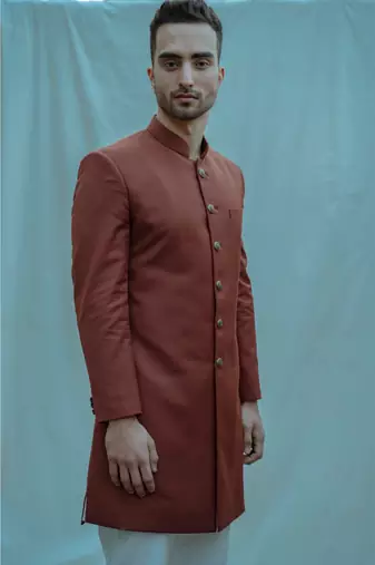 Rust Color  Achkan With White Kurta And White Pants