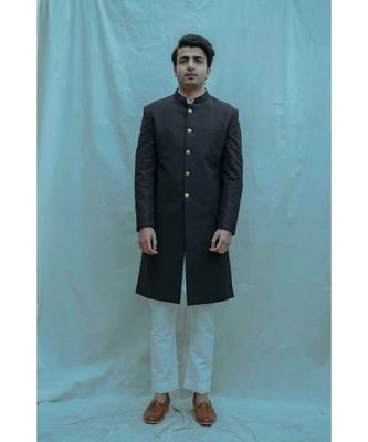 Black Color  Achkan With White Kurta And White Pants 1