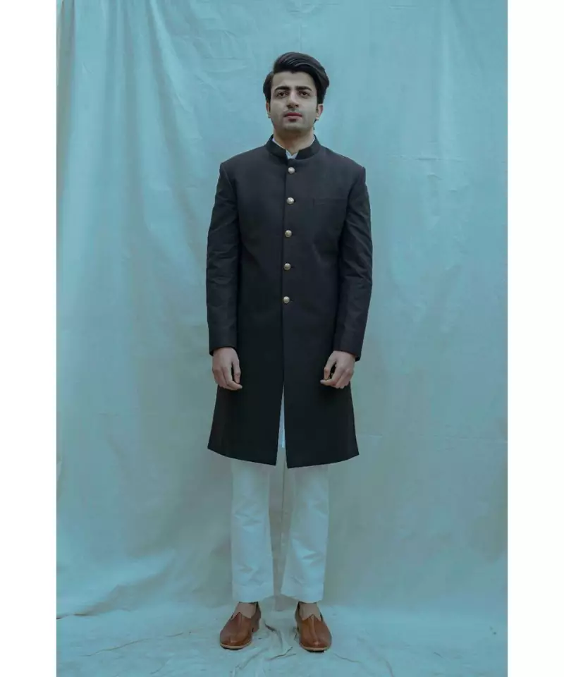 Black color  Achkan with White kurta and white pants