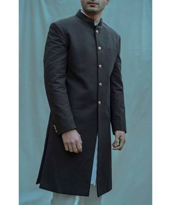 Black Color  Achkan With White Kurta And White Pants 2