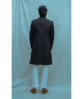 Black Color  Achkan With White Kurta And White Pants 3