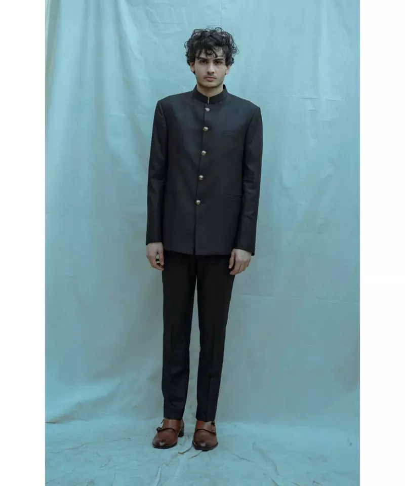 Black Bandgala suit with matching pants and white band collar shirt