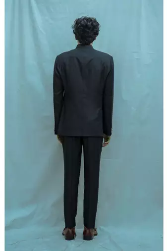 Black Bandgala Suit With Matching Pants And White Band Collar Shirt